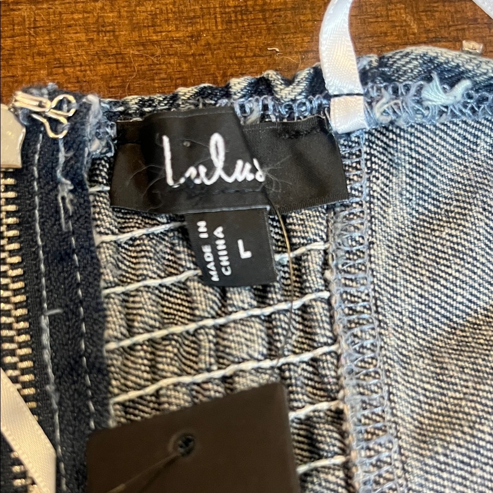 Lulus Strapless Denim Mini Dress Witn Rhinestone Fringe NWT SZ L - Picture 13 of 14